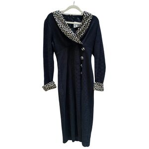 D.J. Summers Black Knit Dress Vintage 80s Leopard Velvet Accents Size M (6-10)